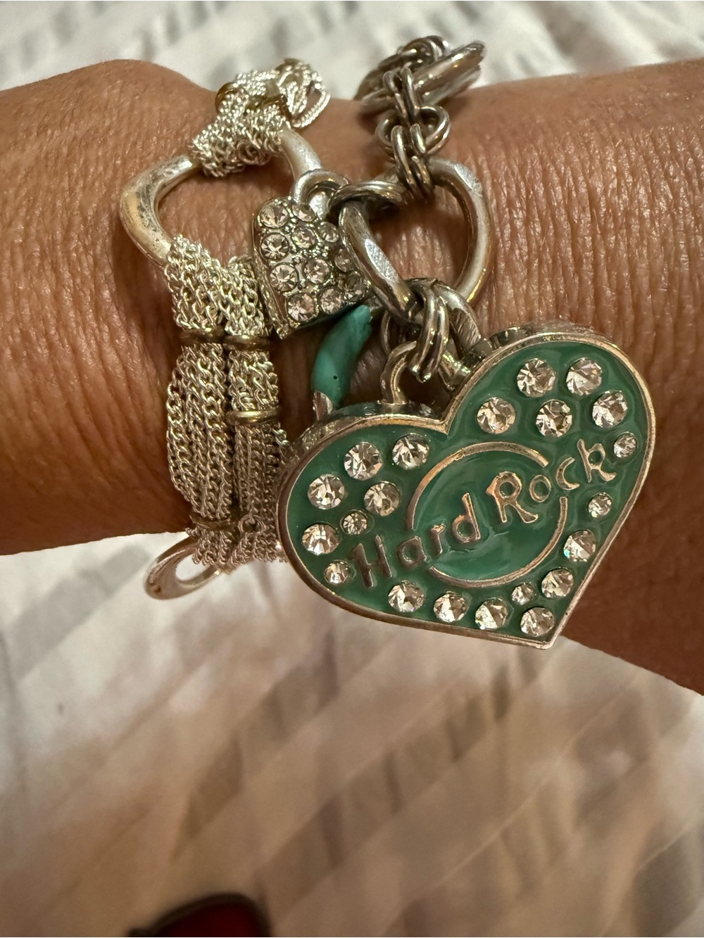 Hard Rock Cafe Teal and Silver Heart Charm Bracelet